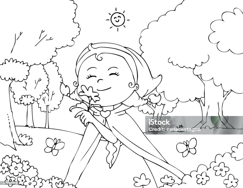 Coloring Red riding hood with flowers vector Coloring little red riding hood in the wood smelling flowers. Coloring stock vector