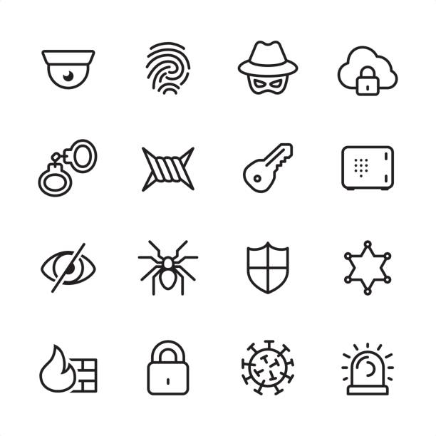 Cybersecurity - outline icon set 16 line black and white icons / Set #21 cyber security awareness stock illustrations