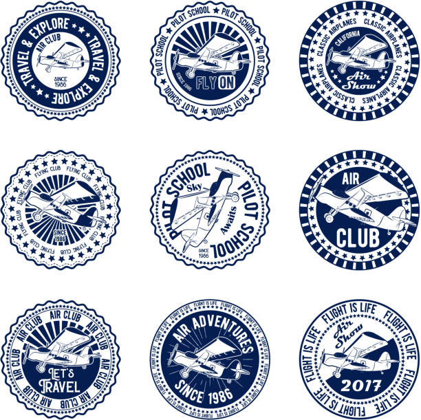 odznaki wektorowe ustawić klasyczny śmigło samolotu pilot szkoły air club show dla druku i wstęgi na białym tle - computer icon symbol education icon set stock illustrations