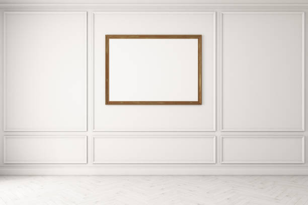 istock Horizontal poster in empty white room, white floor 670987488