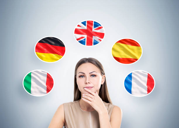 istock Woman in beige and five flags 670989122