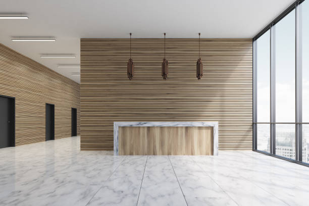 istock Wooden reception and marble floor 670998270