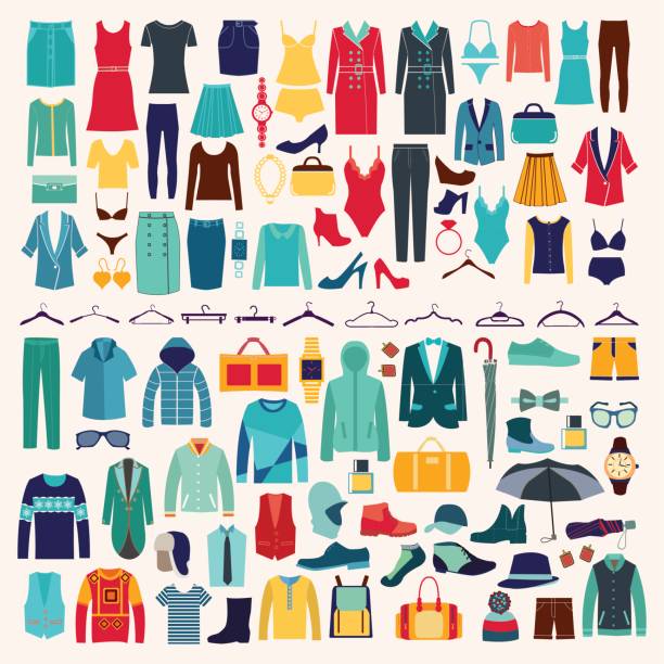 Men and women clothes vector icon set. Clothes and accessories Fashion icon set. Men and women clothes vector icon set. clothing illustrations stock illustrations