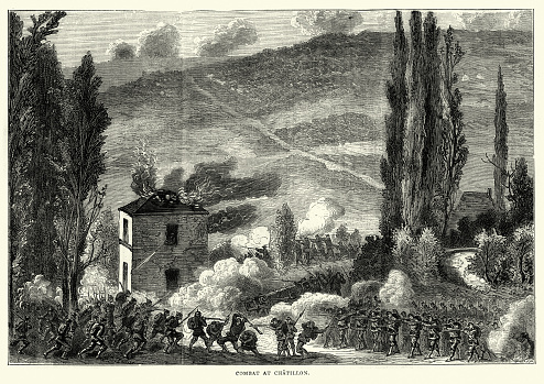 Vintage engraving of a scene from the Franco Prussian War. The Battle of Chatillon was the third sortie by French forces attempting to relieve the siege of Paris by the Prussian-led German armies