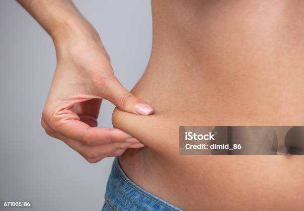 Girl Pulls Hand The Skin On The Abdomen Showing The Body Fat In The Abdominal Area And Sides Stock Photo - Download Image Now