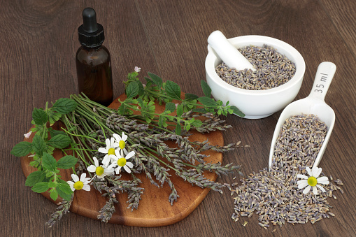 Natural herbal medicine with lavender, lemon balm and chamomile herb flowers, used to heal sleeping and anxiety disorders.