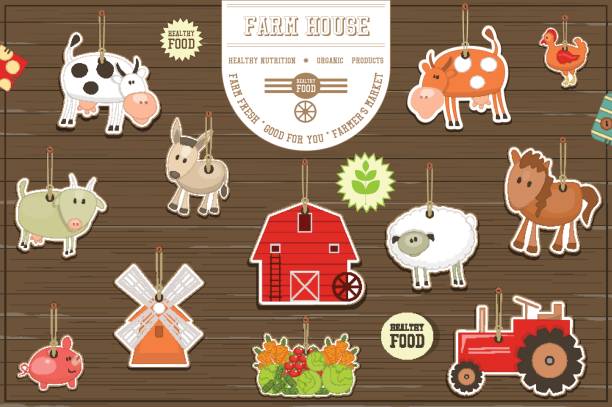 kolekcja naklejek rolnych - farmer pig domestic pig farm stock illustrations