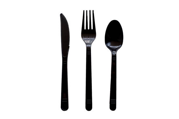 forchetta e cucchiaio di coltello in plastica nera - table knife silverware black fork foto e immagini stock