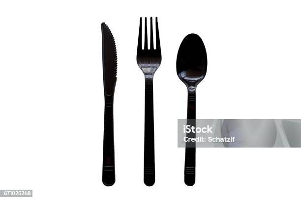 Black Plastic Knife Fork And Spoon Stock Photo - Download Image Now - Plastic, Silverware, Black Color