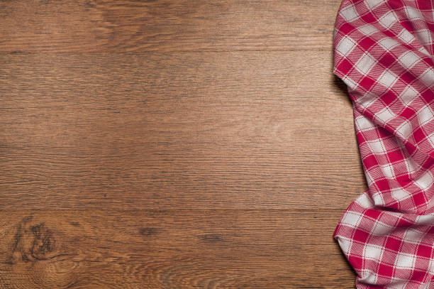 wood brown grain texture, dark wood wall background, top view of wooden table, red  textile, checkered napkin top view of wooden table life stile stock pictures, royalty-free photos & images