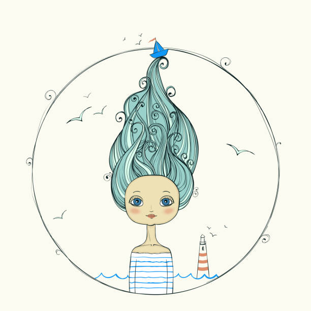 illustrazioni stock, clip art, cartoni animati e icone di tendenza di bella ragazza con i capelli volanti su sfondo marino. - sea life centre