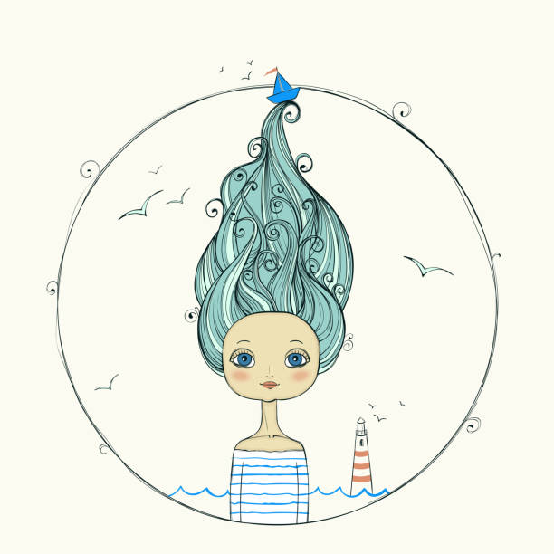 아름 다운 해양 배경에 머리 비행 소녀입니다. - sea life centre stock illustrations