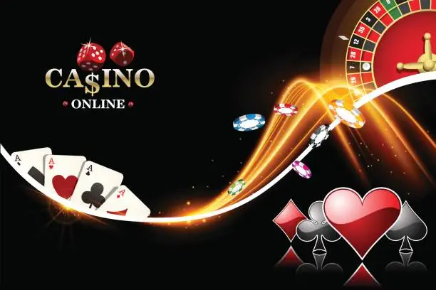 Vector illustration of Design casino banner with roulette, poker chips, playing cards. Vector the wheel fortune in casino