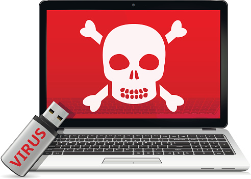 USB flash drive with computer virus and infected laptop. Vector illustration