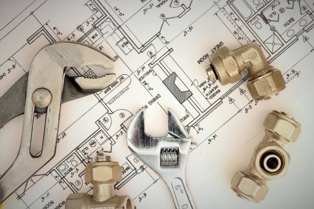 istock Plumbing Equipment On House Plans 671037252