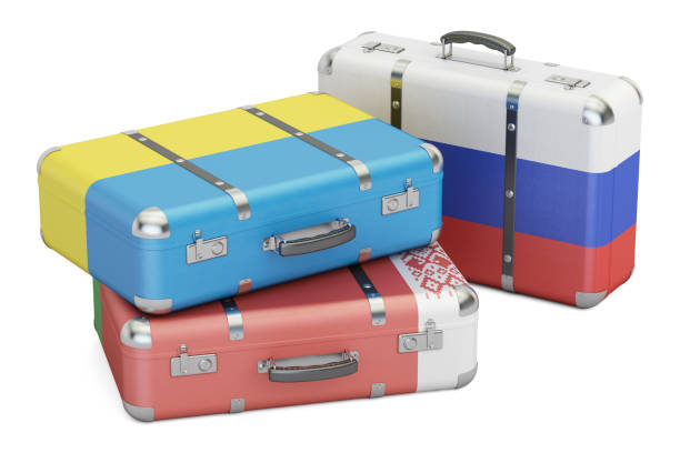 istock Travel concept, suitcases with flags of Russia, Ukraine and Belarus. 3D rendering 671044662