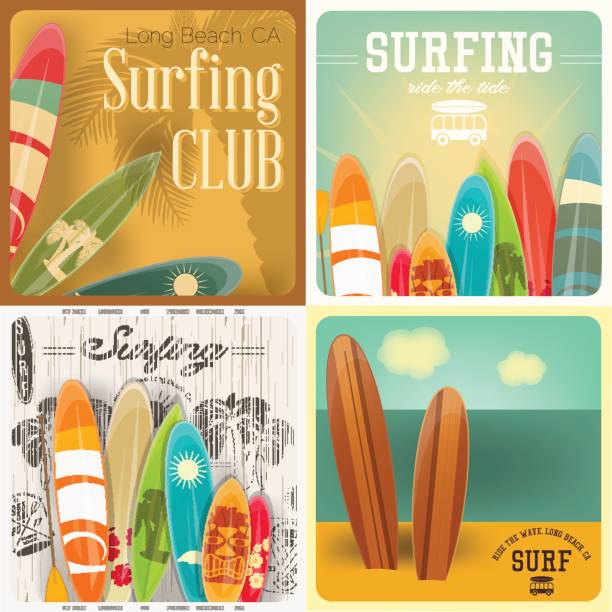 ilustrações, clipart, desenhos animados e ícones de conjunto de cartazes de surf - symbol computer icon icon set entertainment