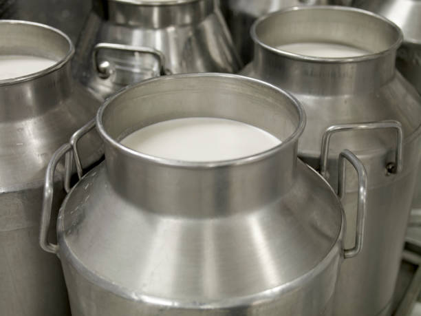 dzbanki do mleka metalowego - milk industry milk bottle factory zdjęcia i obrazy z banku zdjęć