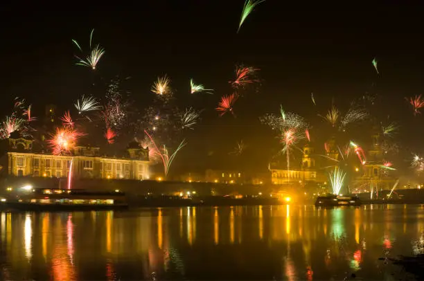 New Year in Dresden, Germany with colored fireworks