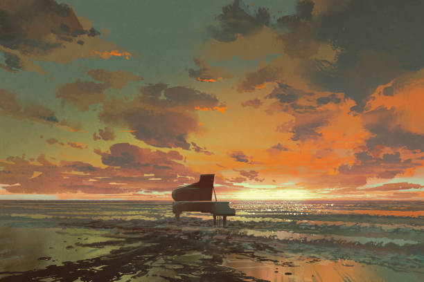 ilustraciones, imágenes clip art, dibujos animados e iconos de stock de piano negro en la playa al atardecer - sky watercolour paints watercolor painting cloud