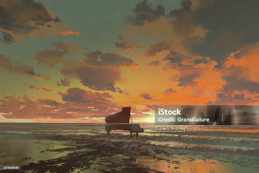 夕暮れ時の浜辺の黒いピアノ - ピアノのロイヤリティフリーストックイラストレーション