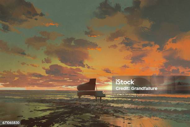 夕暮れ時の浜辺の黒いピアノ - ピアノのベクターアート素材や画像を多数ご用意 - ピアノ, 日没, 塗る