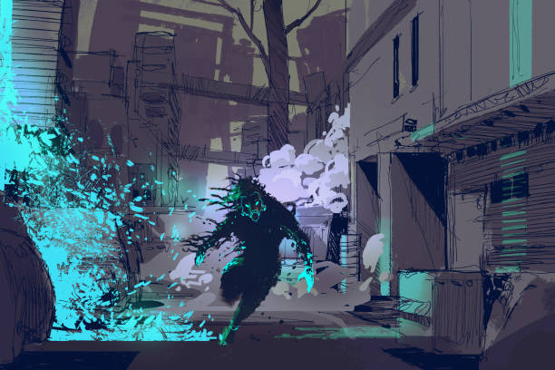 ilustrações de stock, clip art, desenhos animados e ícones de the futuristic beast running from blue light particles in city alley - night running