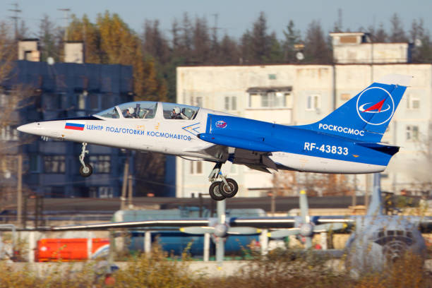 CHKALOVSKY, MOSCOW REGION, RUSSIA - OCTOBER 26, 2013: Aero L-39C Albatros of Roscosmos taking off at Chkalovsky. stock photo