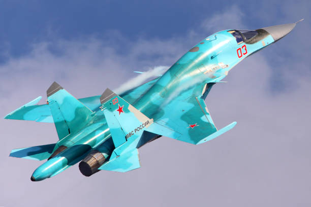 ZHUKOVSKY, MOSCOW REGION, RUSSIA - AUGUST 11, 2012: Sukhoi Su-34 of Russian Air Force shown at 100 years anniversary of Russian Air Forces in Zhukovsky. stock photo