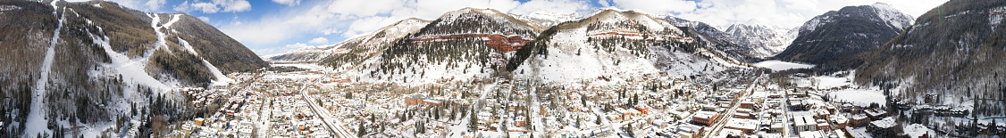 360 Aerial View of Telluride, Colorado Snow Covered City Valley and Ski Resort