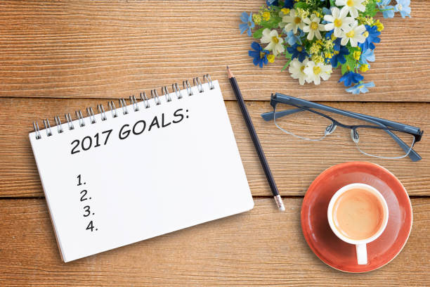 istock Top view with notebook,glasses,pencil and cup of coffee 671081006