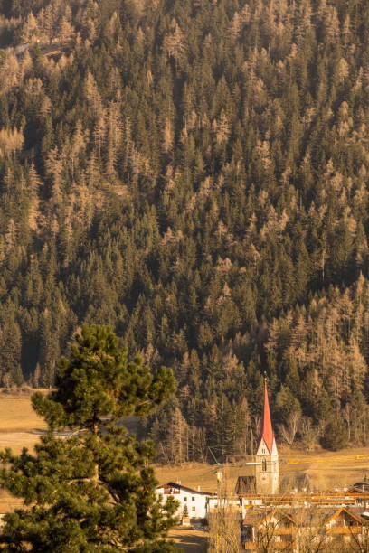 Little town with its church with a tall mountain full of pine trees surrounding it.