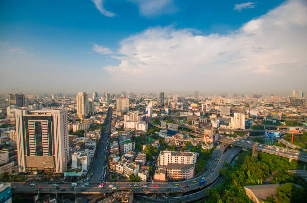 istock Panoramic view Cityscape business district from aerial view high building at dusk (Bangkok, Thailand) 671117762