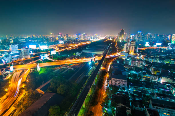 istock Panoramic view Cityscape business district from aerial view high building at dusk (Bangkok, Thailand) 671117780