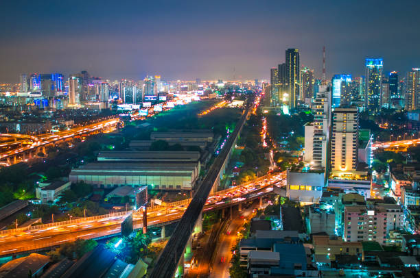istock Panoramic view Cityscape business district from aerial view high building at dusk (Bangkok, Thailand) 671117836