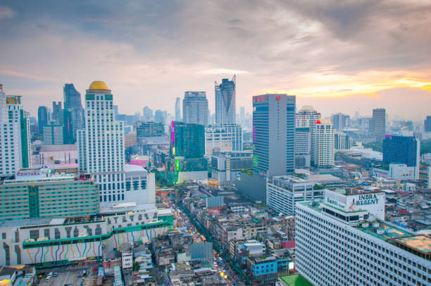 istock Panoramic view Cityscape business district from aerial view high building at dusk (Bangkok, Thailand) 671120614