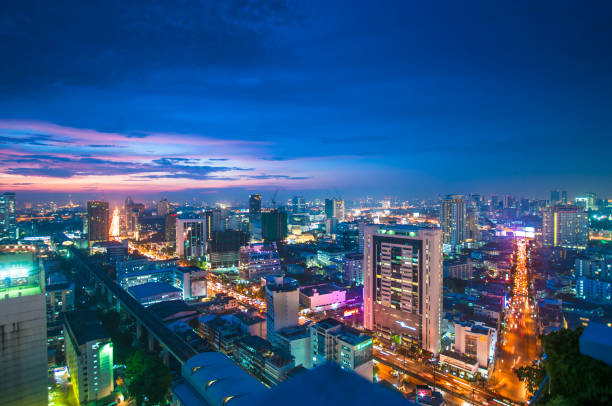 istock Panoramic view Cityscape business district from aerial view high building at dusk (Bangkok, Thailand) 671120724