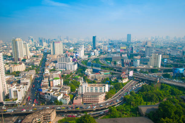 istock Panoramic view Cityscape business district from aerial view high building at dusk (Bangkok, Thailand) 671121108