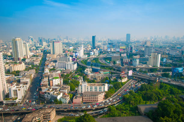 istock Panoramic view Cityscape business district from aerial view high building at dusk (Bangkok, Thailand) 671121162
