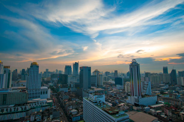 istock Panoramic view Cityscape business district from aerial view high building at dusk (Bangkok, Thailand) 671121256