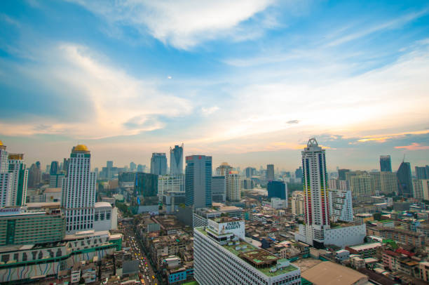 istock Panoramic view Cityscape business district from aerial view high building at dusk (Bangkok, Thailand) 671121278