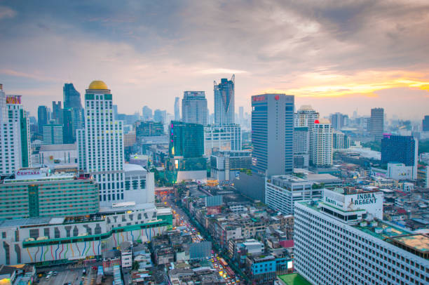 istock Panoramic view Cityscape business district from aerial view high building at dusk (Bangkok, Thailand) 671121374