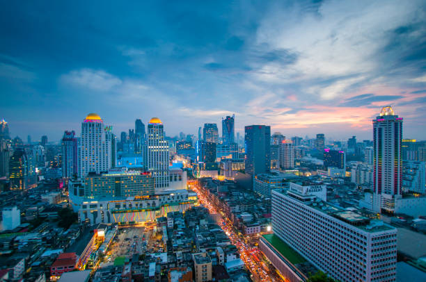istock Panoramic view Cityscape business district from aerial view high building at dusk (Bangkok, Thailand) 671121408