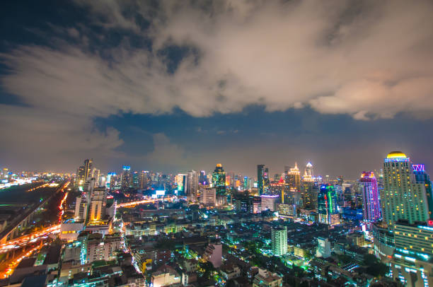 istock Panoramic view Cityscape business district from aerial view high building at dusk (Bangkok, Thailand) 671121454