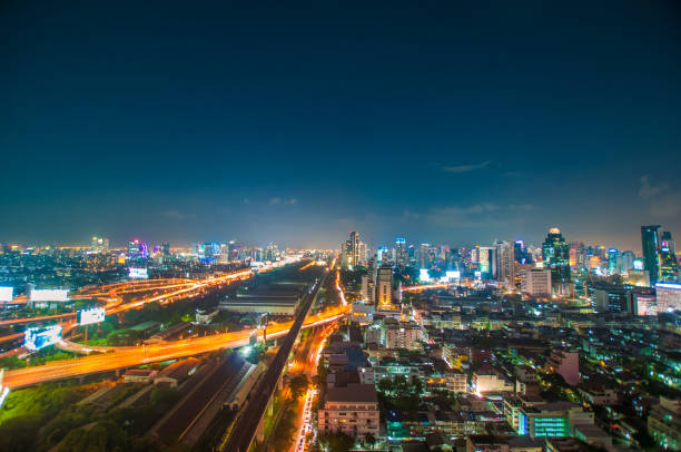 istock Panoramic view Cityscape business district from aerial view high building at dusk (Bangkok, Thailand) 671121484
