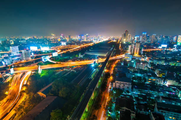 istock Panoramic view Cityscape business district from aerial view high building at dusk (Bangkok, Thailand) 671123622