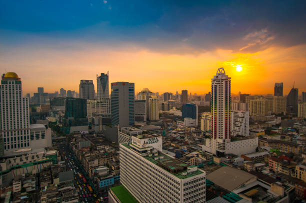 istock Panoramic view Cityscape business district from aerial view high building at dusk (Bangkok, Thailand) 671123654