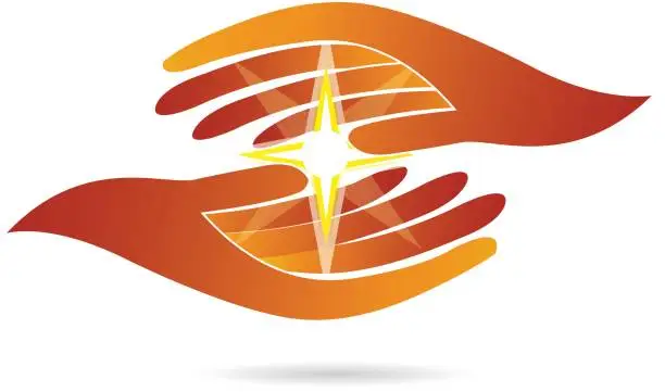 Vector illustration of Hopeful hands holding a shine guide light star icon logo