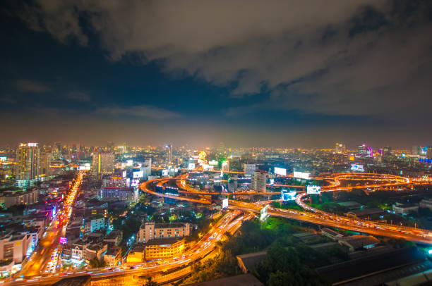 istock Panoramic view Cityscape business district from aerial view high building at dusk (Bangkok, Thailand) 671123870