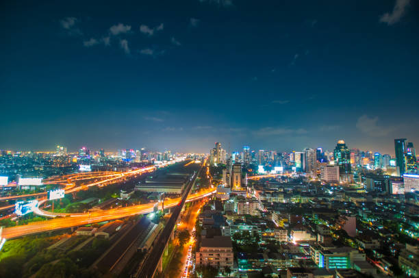 istock Panoramic view Cityscape business district from aerial view high building at dusk (Bangkok, Thailand) 671124292